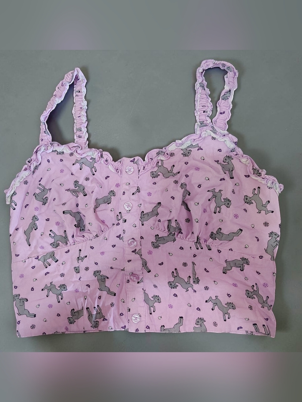 Hot Topic Large Cropped Cami Pastel Baby Goats Pentagrams Ruffles Buttons Top